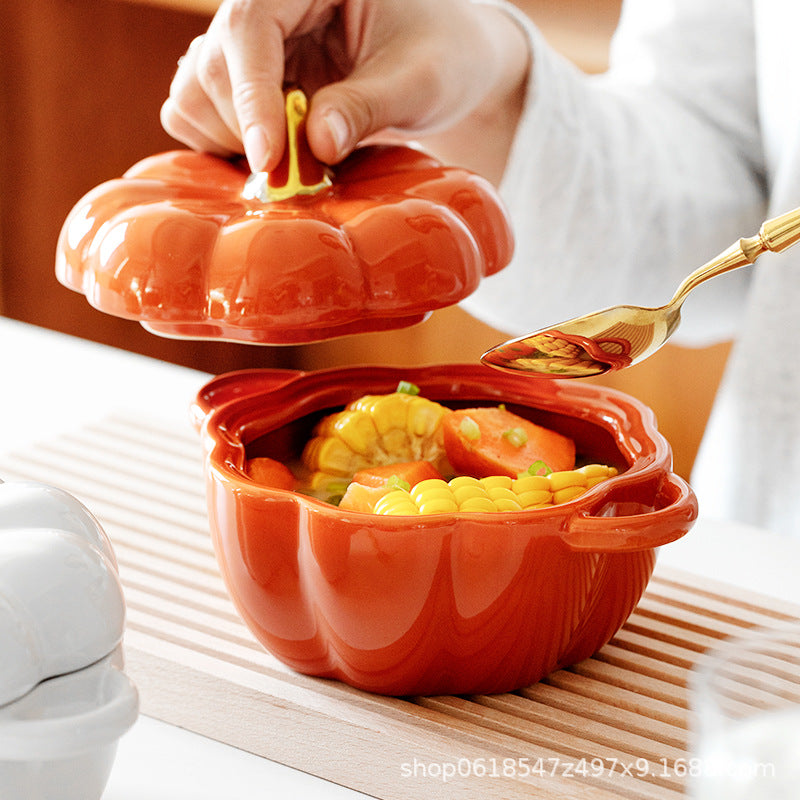 Rynx | Autumn decoration ceramic bowl with lid stew bowl pumpkin bowl household kitchen kids soup bowl steamed egg salad bowl dish rice bowl logo