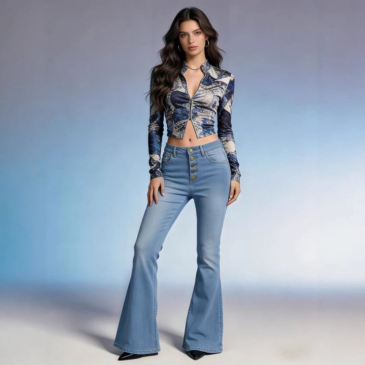 Damen Schlagjeans mit bunten Knopfdetails und hohem Bund Lisslune