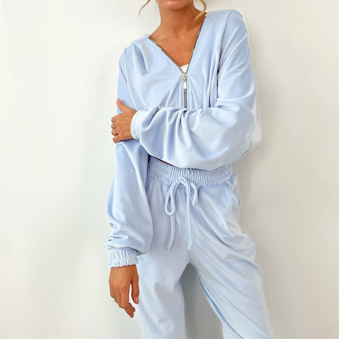 Women's sporty velour tracksuit with hood and zip Lisslune