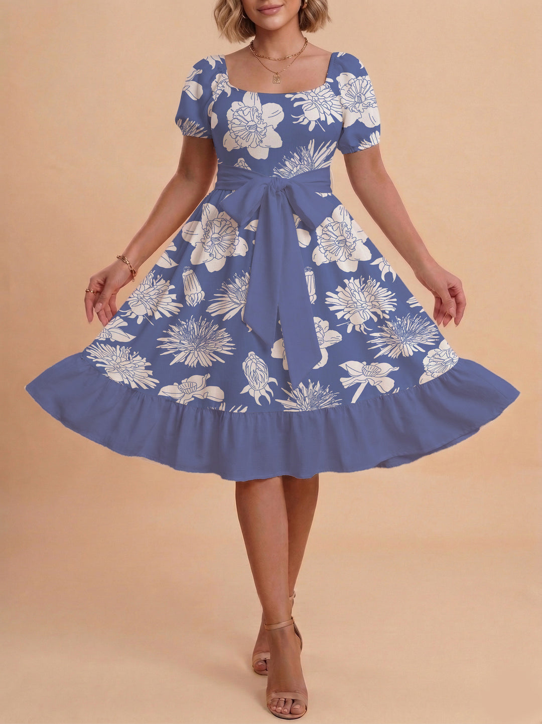 Women A-line dress with floral motifs and adjustable belt Lisslune