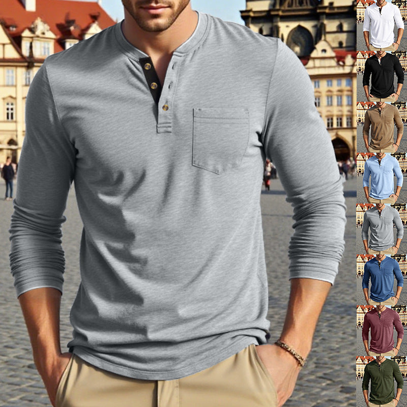 Men's Long Sleeve Henley Shirt with Practical Chest Pocket Lisslune