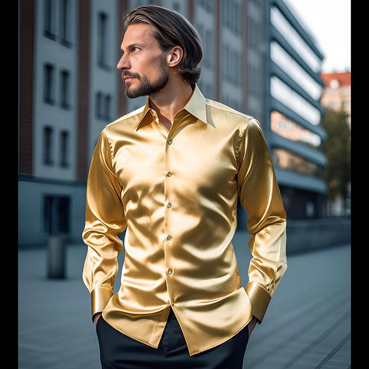 Men's Elegant Satin Shirt with Shimmering Finish and Classic Collar Lisslune