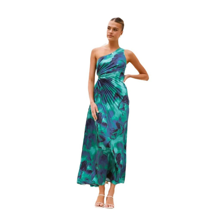 Women’s maxi dress with asymmetric cut and flowing pleated skirt Lune London
