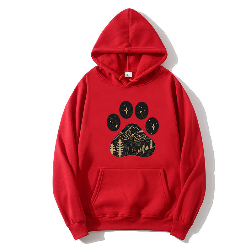 Ladies hoodie with creative paw print design and mountain landscape Lisslune