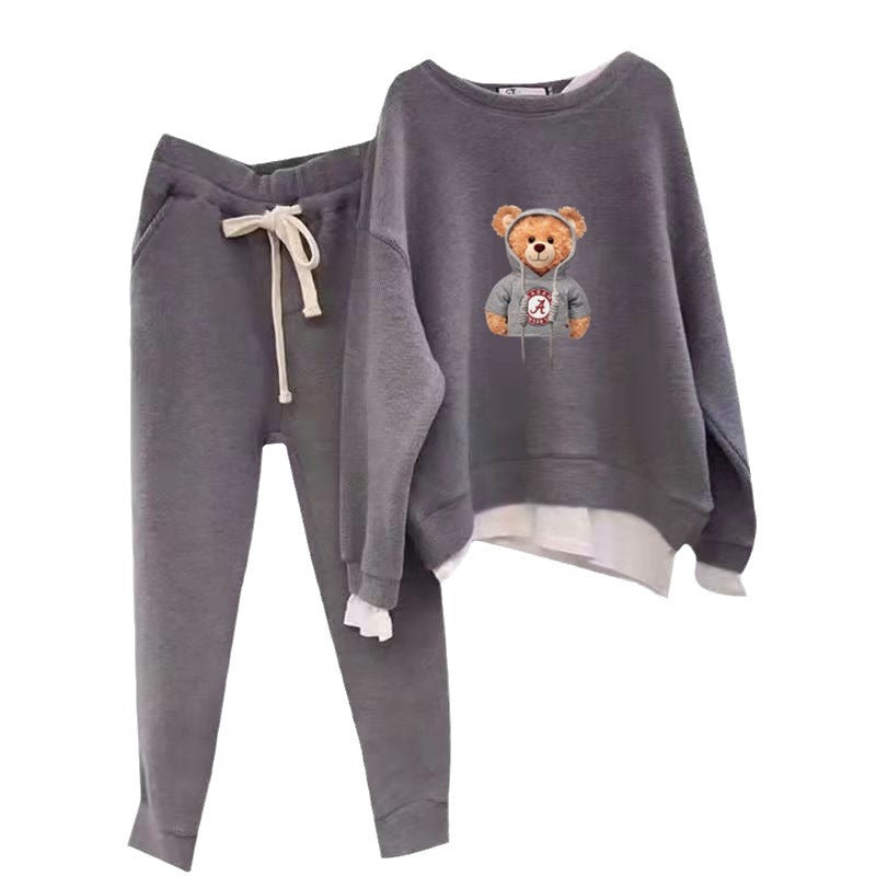 Women's Leisure Lounge Set with Bear Motif and Casual Cut Lisslune