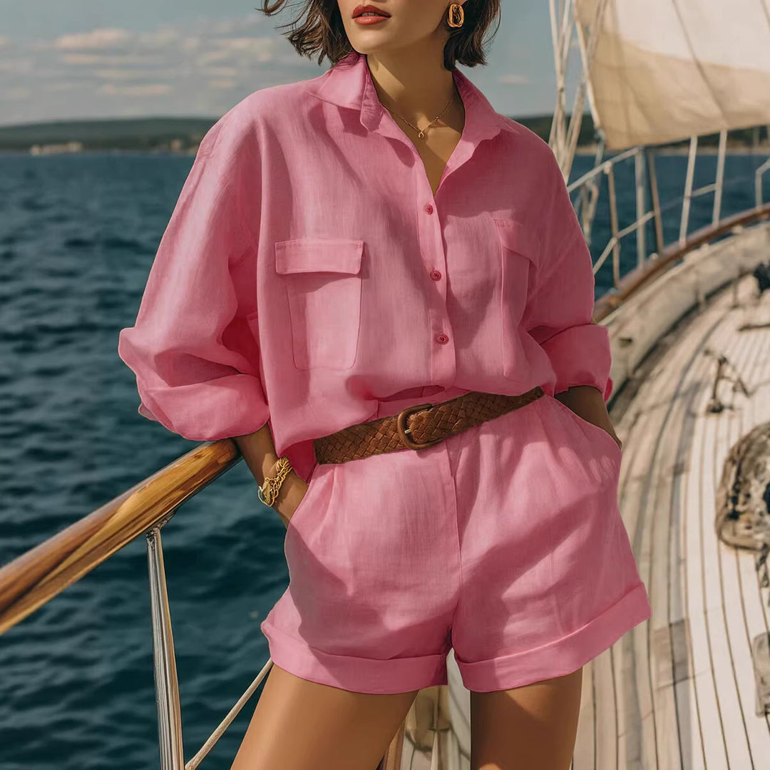 Women's Airy Short Sleeve Shirt and Shorts Set Lisslune