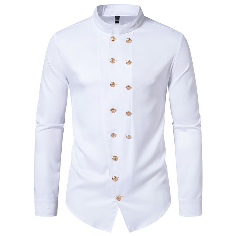 Men's Long Sleeve Shirt with Traditional Stand Collar and Decorative Buttons Lisslune