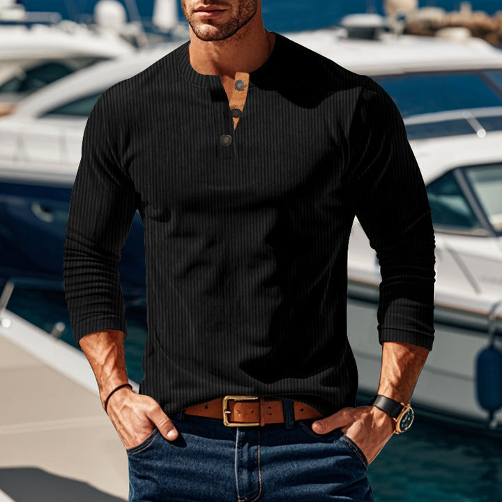 Men's long sleeve shirt with textured stand-up collar and practical button details Lisslune