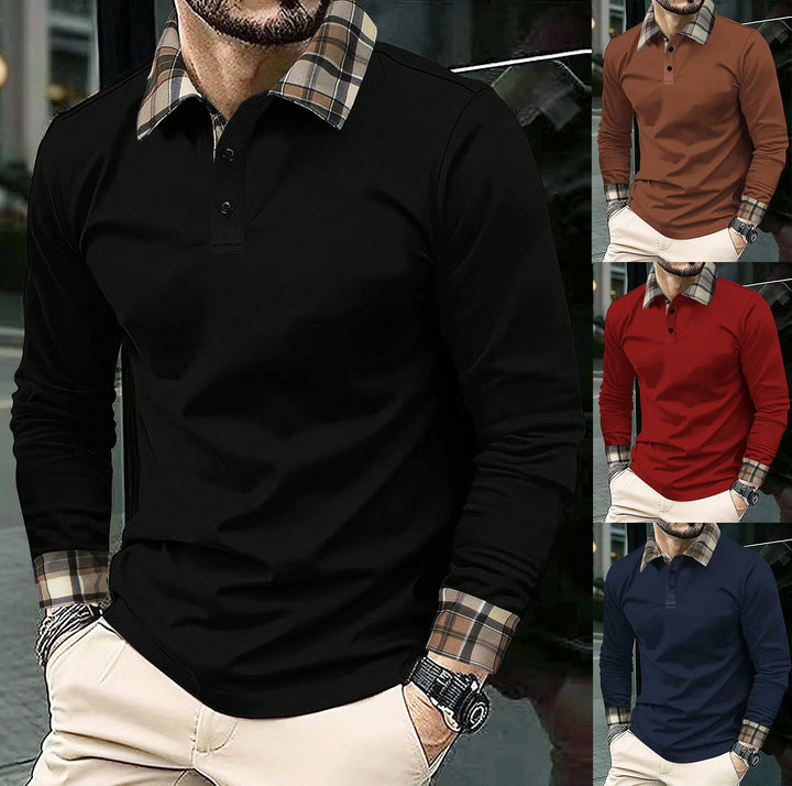Men's Long Sleeve Polo Shirt with Fashionable Check Collar Lisslune