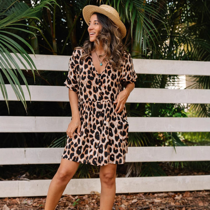 Women’s animal print shirt dress with short sleeves and button placket Lune London