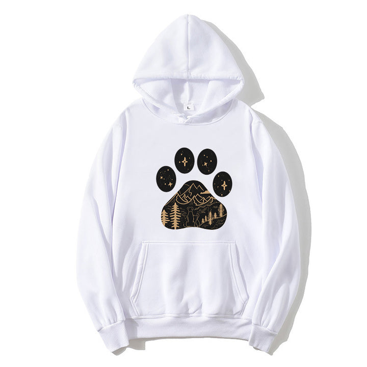 Ladies hoodie with creative paw print design and mountain landscape Lisslune