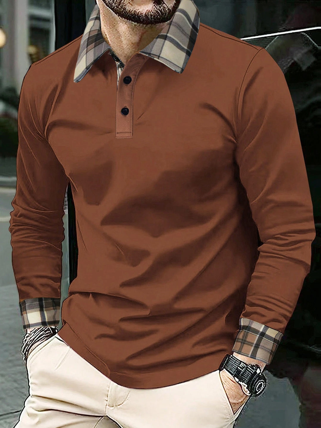 Men's Long Sleeve Polo Shirt with Fashionable Check Collar Lisslune
