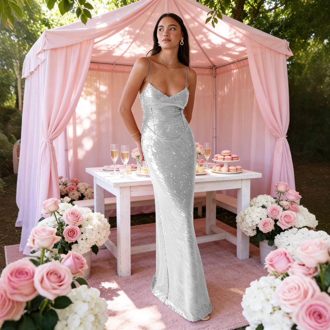Women's Elegant Evening Dress with Sparkling Sequins and Deep V-Neck Lisslune
