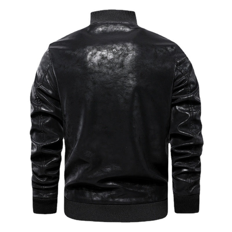 Men's fashion synthetic leather bomber jacket with embroidered details Lisslune