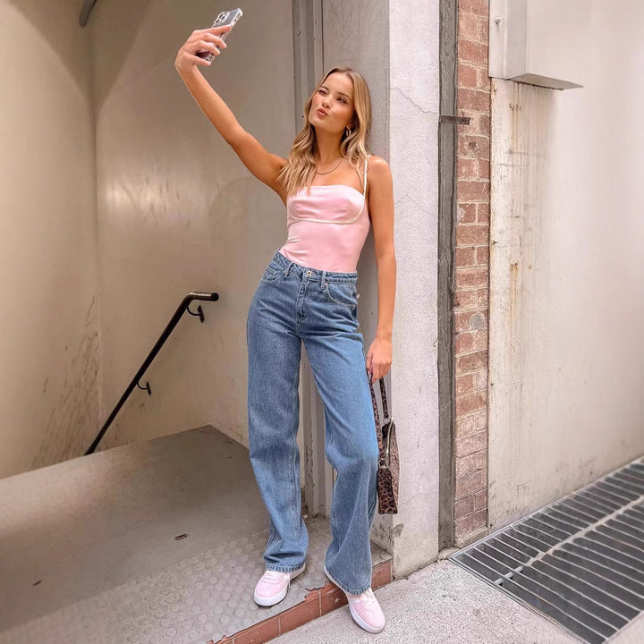 Women's High Waist Jeans with Wide Leg and Classic Cut Lisslune