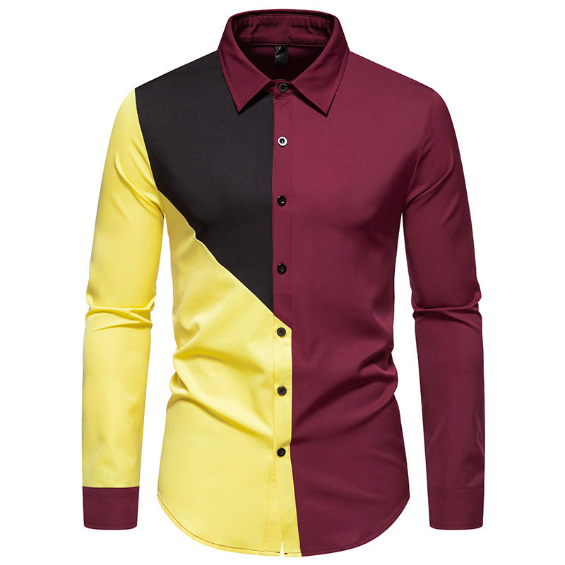 Men's fashionable long-sleeve shirt with geometric color play Lisslune