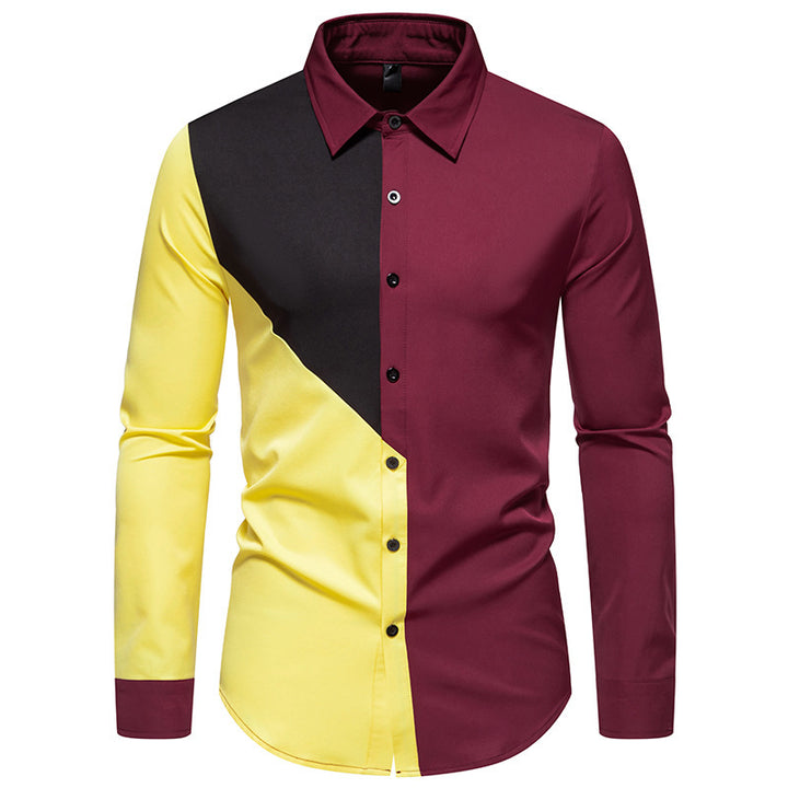Men's fashionable long-sleeve shirt with geometric color play Lisslune