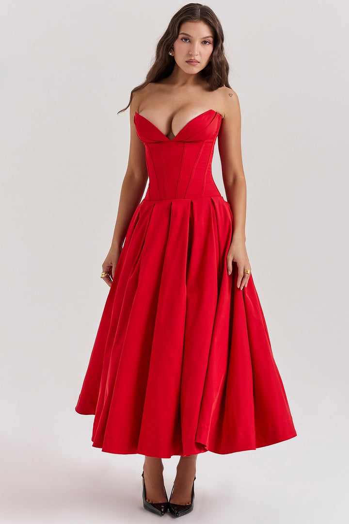 Women's A-line evening dress with corset top and flared skirt