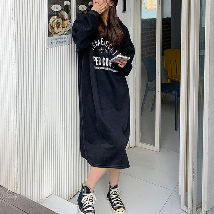 Women's hoodie dress with modern logo print and casual cut