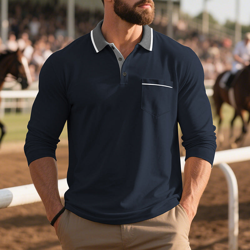 Men's Long Sleeve Polo Shirt with Fashionable Collar and Chest Pocket Lisslune