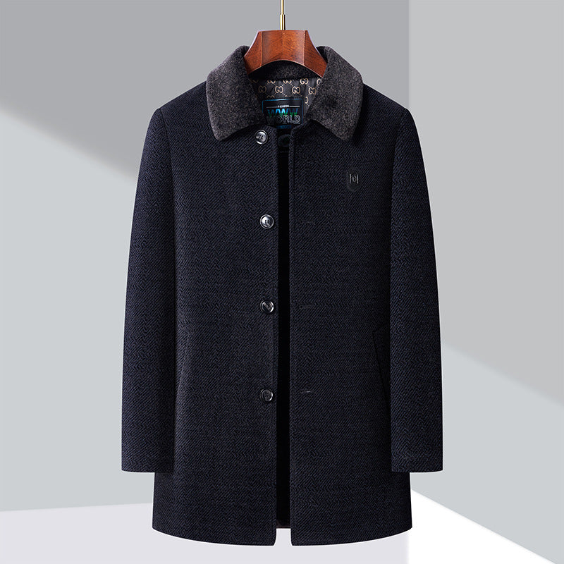 Men's Elegant Wool Coat with Modern Stand-Up Collar and Textured Surface Lisslune