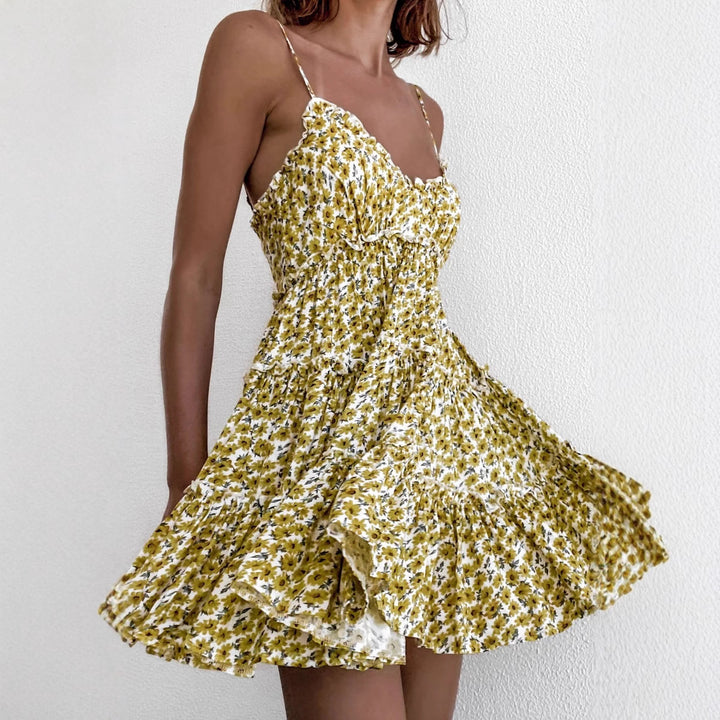 Women's Summer Ruffled Dress with Adjustable Straps and Flowing Cut