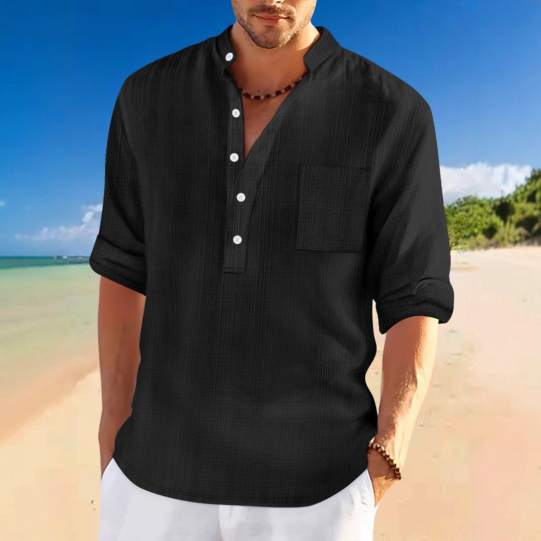 Men's casual short-sleeve shirt with modern stand-up collar and chest pocket Lisslune