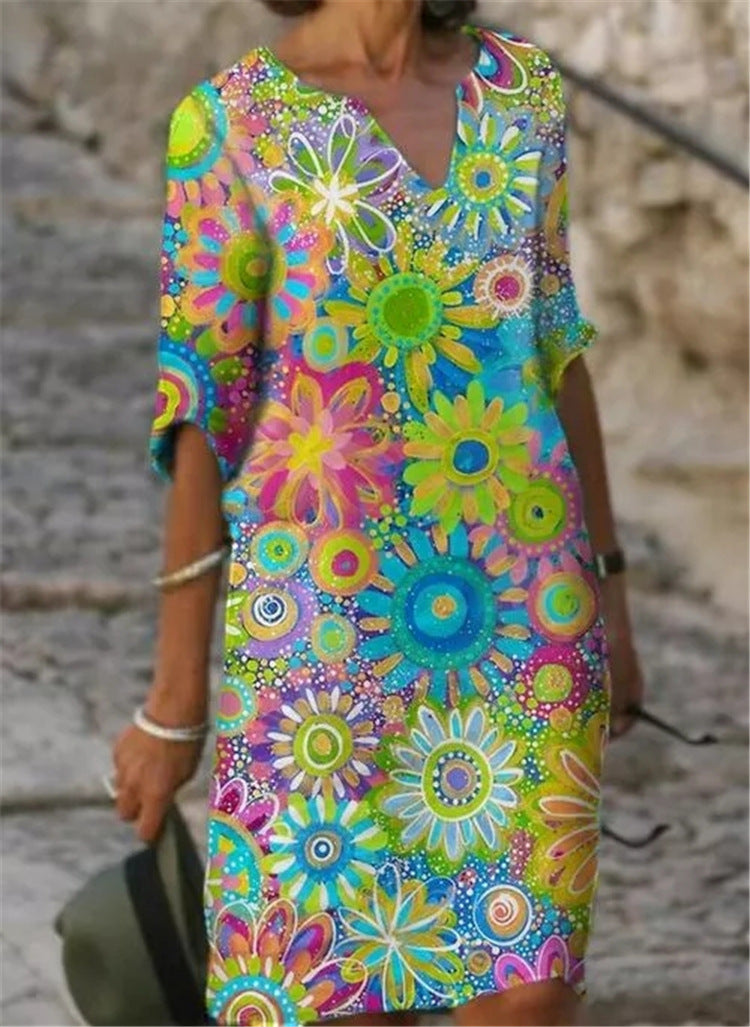 Women's casual leisure dress with floral patterns and V-neck