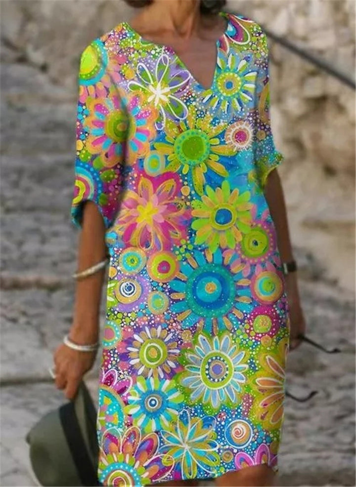 Women's casual leisure dress with floral patterns and V-neck