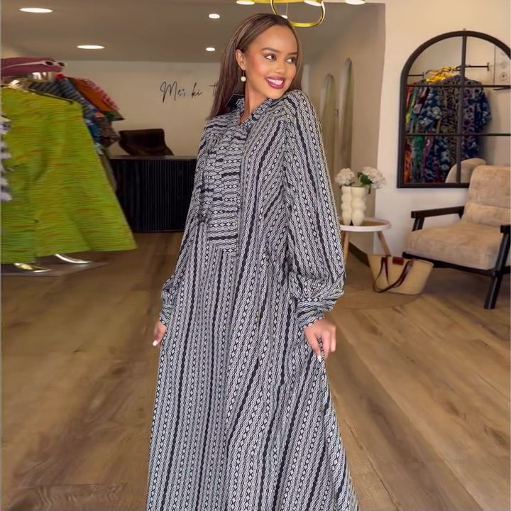 Ladies Maxi Dress with elegant ruffle sleeves and intricate pattern Lisslune