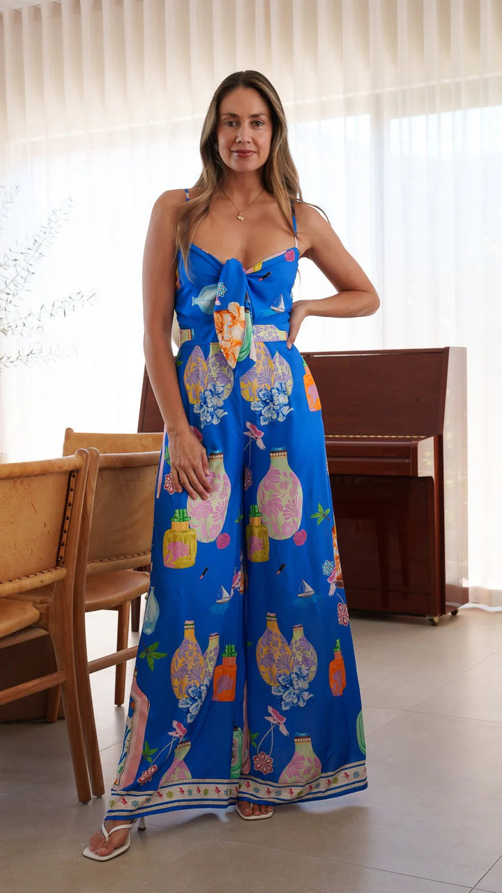 Ladies long summer dress with playful neckline and colorful pattern Lune London