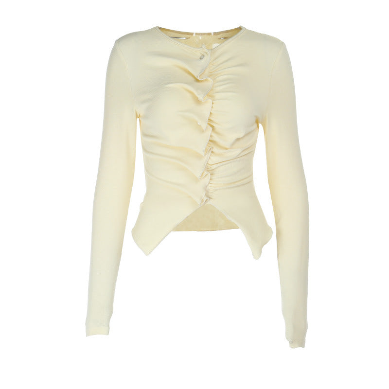 Ladies Long Sleeve Blouse with Decorative Ruffle Details and Fitted Shape