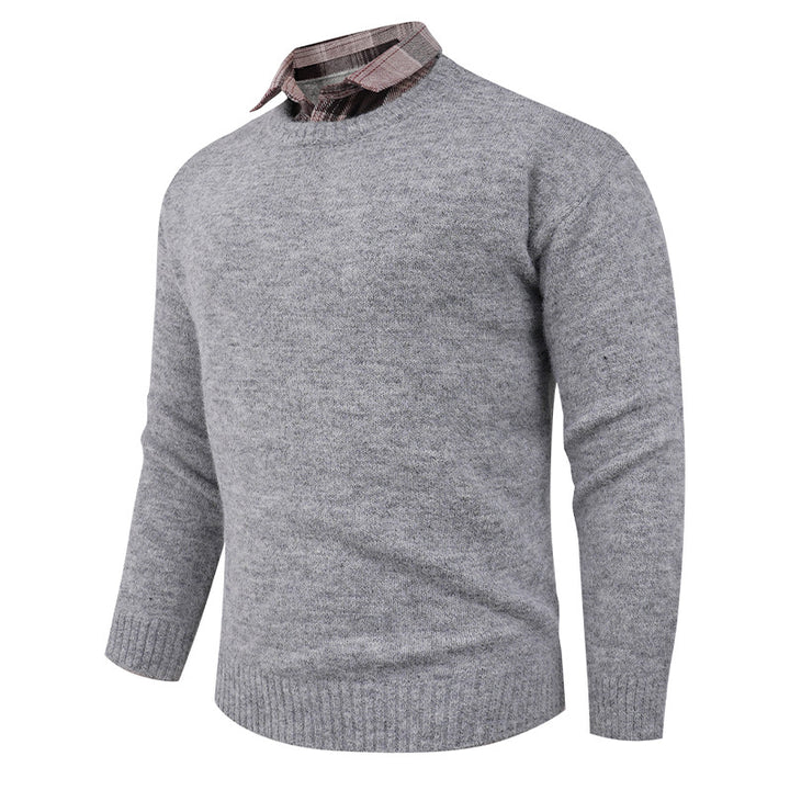 Men's Fine Crew Neck Sweater with Integrated Shirt Collar Lisslune