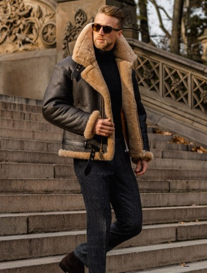 Men's robust leather jacket with warm plush collar Lisslune