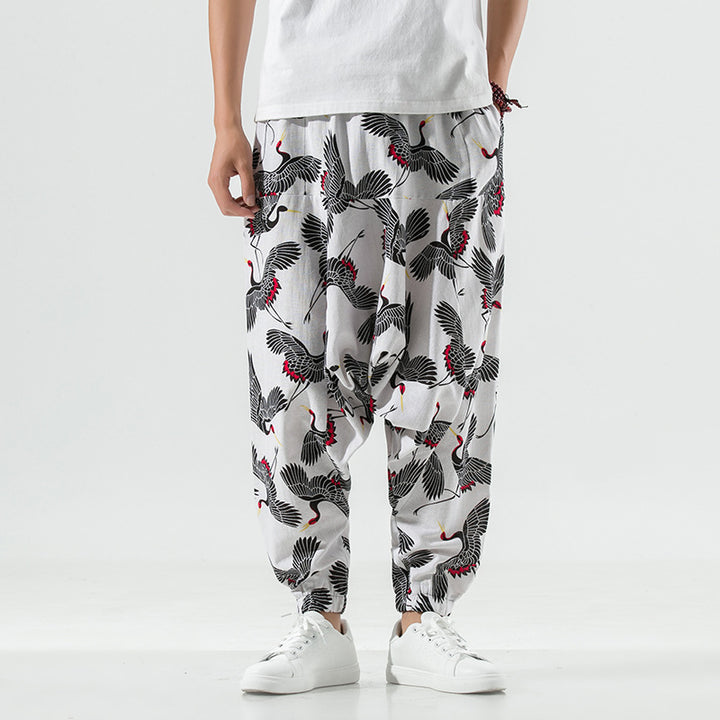 Men's casual and breathable harem pants with unique crane pattern Lisslune