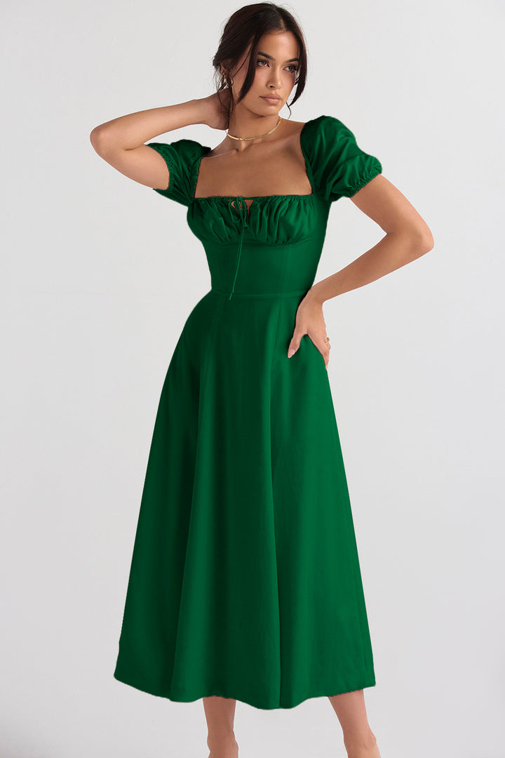 Women's midi dress with gathered bodice and flared skirt