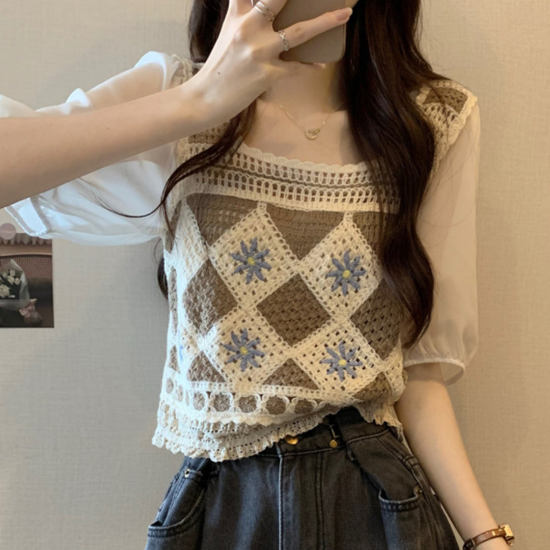 Women's crochet top with transparent puff sleeves and diamond-shaped design