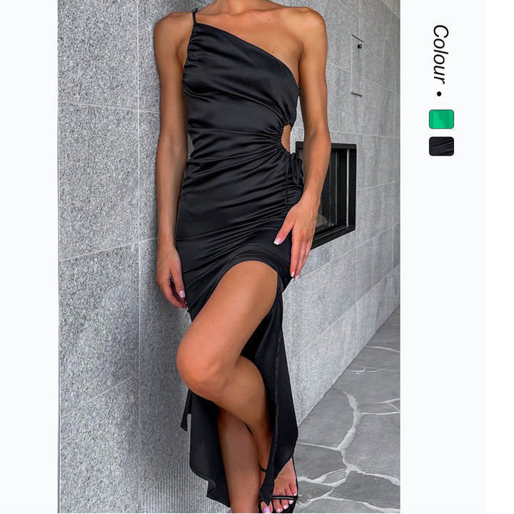 Women's Elegant Draped Maxi Dress with Asymmetrical Cut and High Slit Lune London