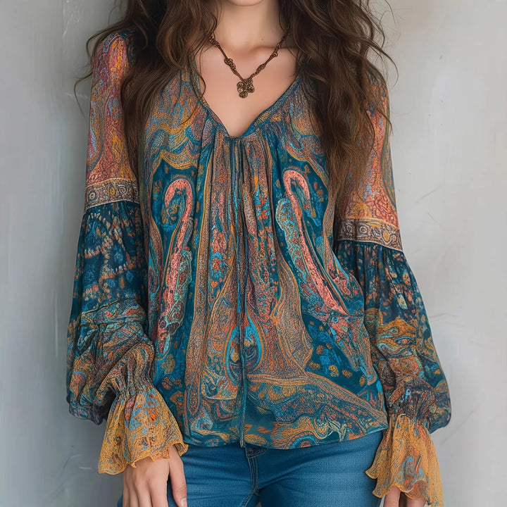 Damen Boho-Chic Bluse mit geflammten Ärmeln und V-Ausschnitt Lisslune