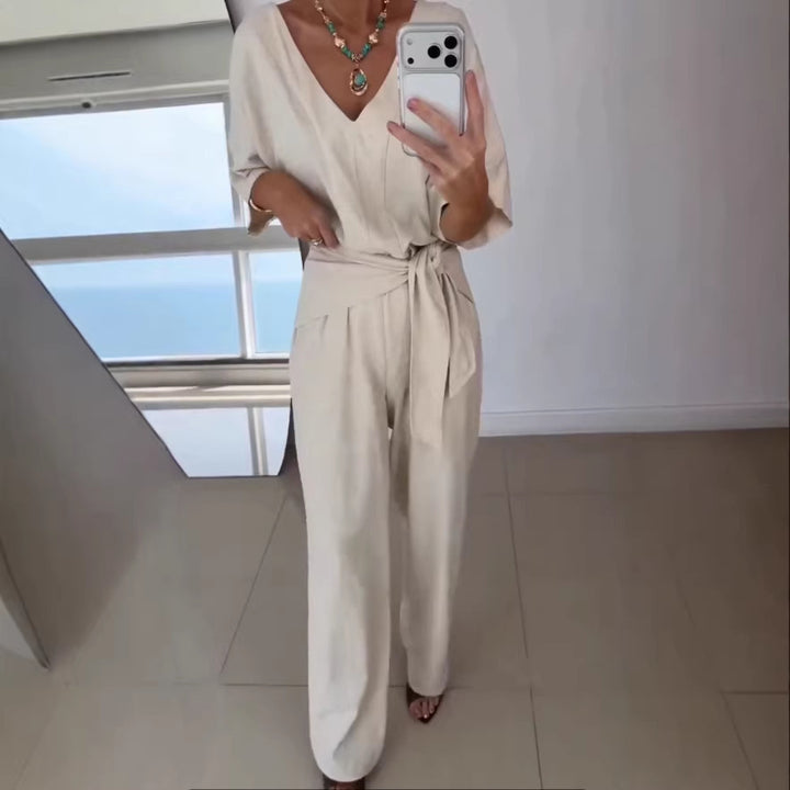 Women Elegant Jumpsuit with Tailored Cut and Wrap Belt Lisslune