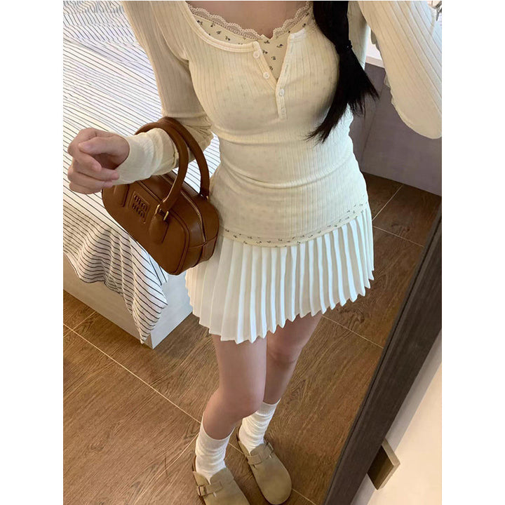 Women's Long Sleeve Shirt with Decorative Button Placket Design and Delicate Rib Knit Details