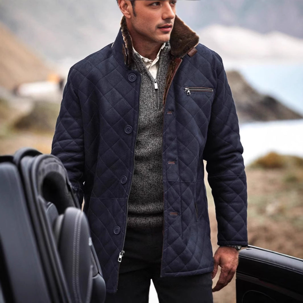Men's quilted lamb leather coat with plush collar Lisslune
