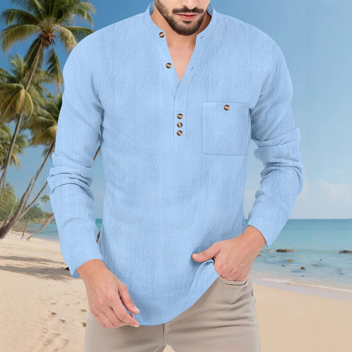 Men's Casual Long Sleeve Shirt with Button Placket and Chest Pocket Lisslune
