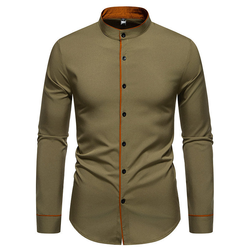 Men's long sleeve shirt with modern stand-up collar and embroidered detail Lisslune