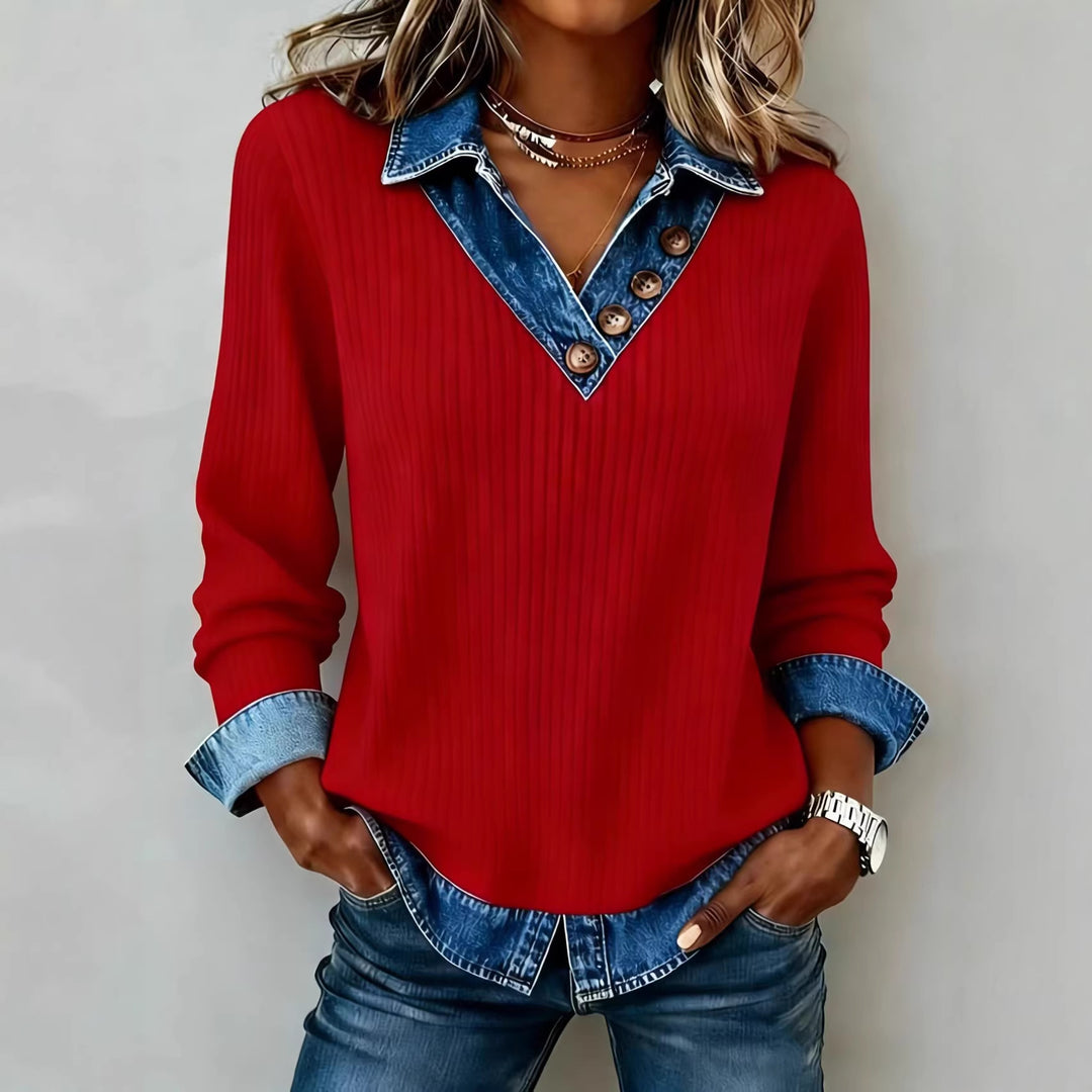 Damen Elegantes Strickshirt mit Jeanskragen und Knopfdetails Lisslune
