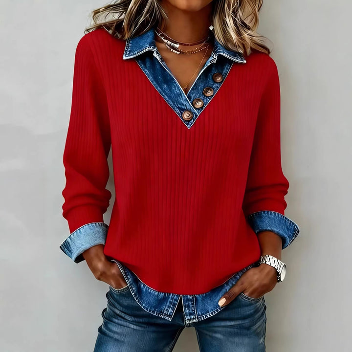 Damen Elegantes Strickshirt mit Jeanskragen und Knopfdetails Lisslune