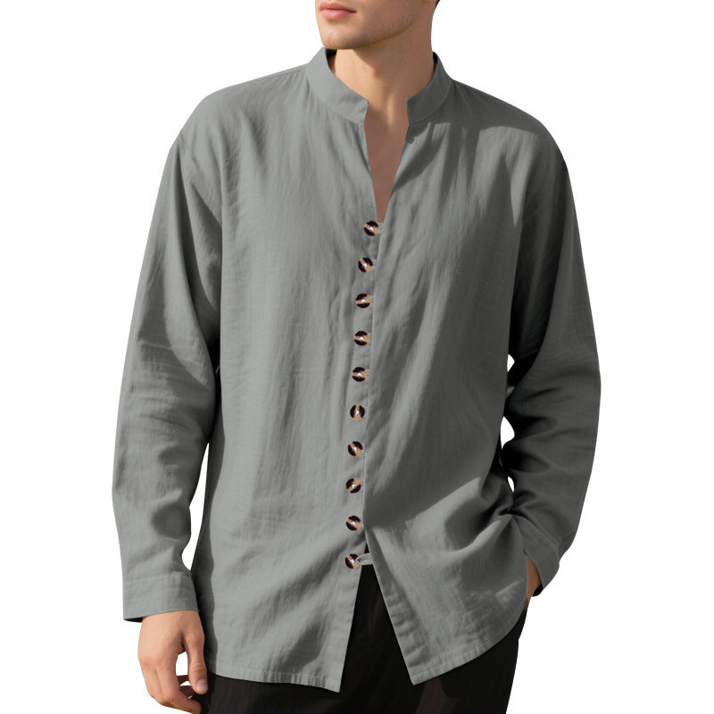 Men's casual long-sleeve shirt with elegant stand collar and chic button details Lisslune