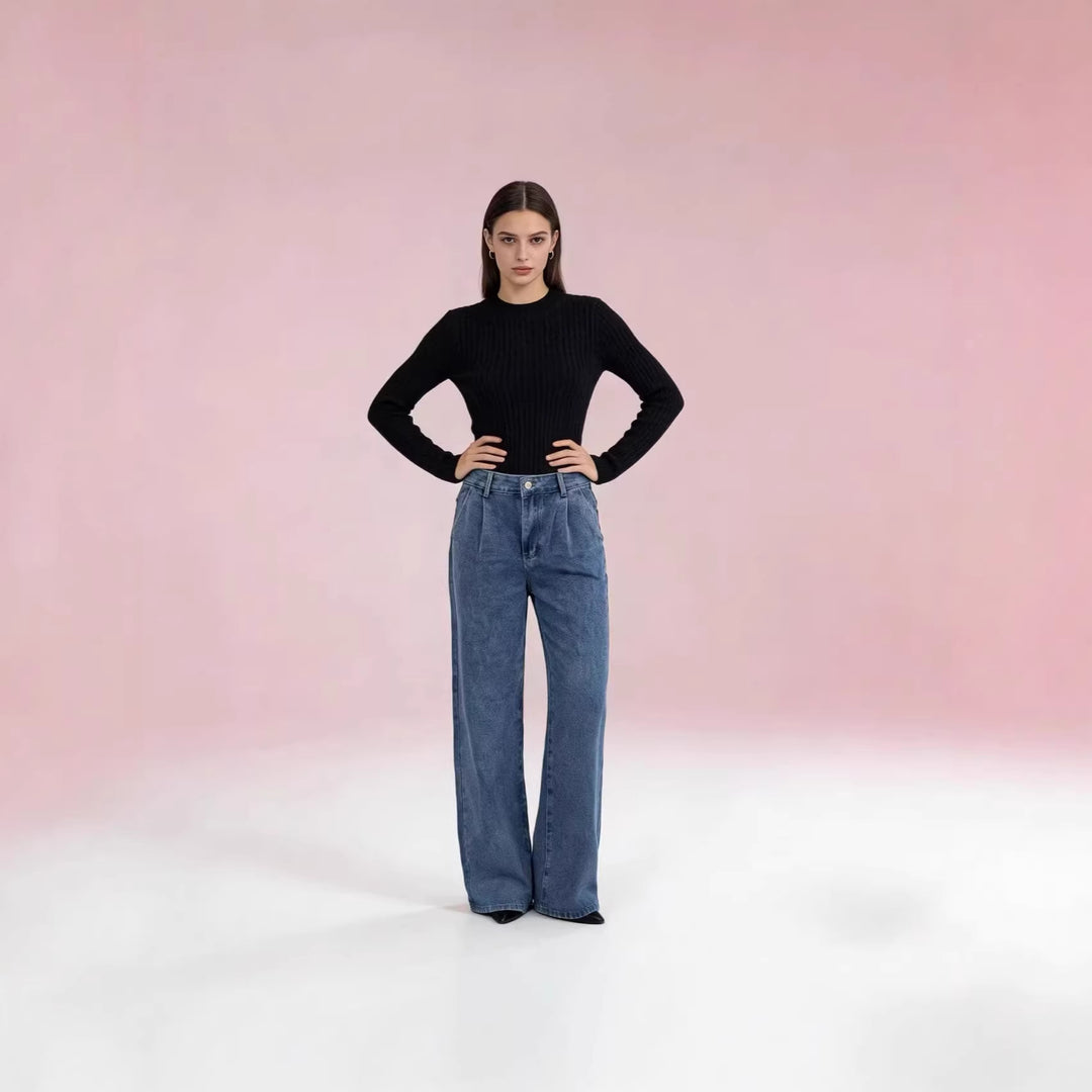 Women high-waisted wide jeans in casual style with elegant pleating Lisslune
