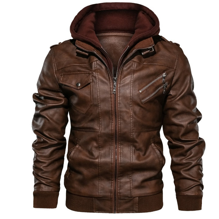 Men's Casual Synthetic Leather Jacket with Removable Hood and Numerous Pockets Lisslune