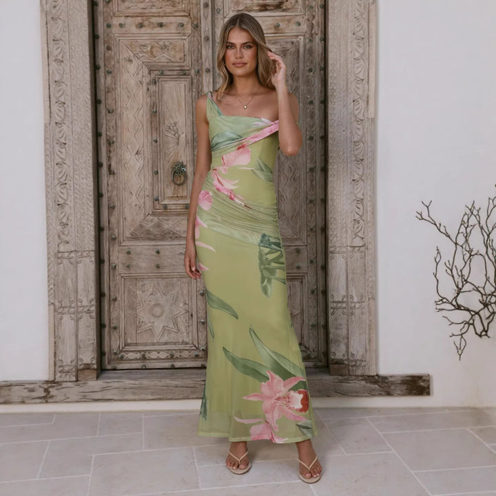 Women's wrap maxi dress with floral pattern and elegant chiffon fabric